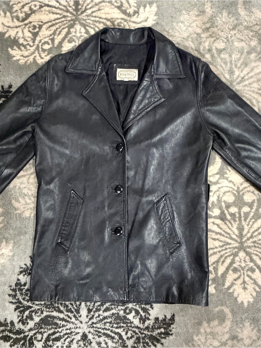 VINTAGE VERA PELLE 1973 BLACK ITALIAN LEATHER COAT WOMEN'S IT 42 / US S-M